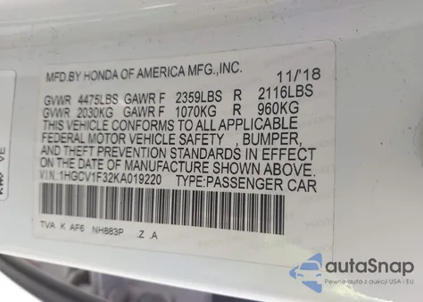 2019 Honda Accord Sport из США, поврежденный, VIN 1HGCV1F32KA019220